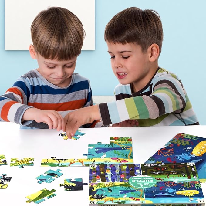 4 Pack Puzzles for Kids Ages 3-5, 4-Difficulty-Level Puzzle with 12 16 24 32 PCS, Color-Zones on Back, 4-in-1 Progressive Animals World Jigsaw Toy Gift for Age 3 4 5 6 Year Old Boys Girls