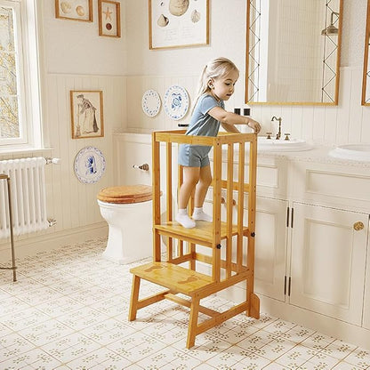 Kids Kitchen Step Stool, Toddler Standing Tower Adjustable Height with Anti-Slip Feet, Toddlers Learning Step Stool Helper for Kitchen Counter or Bathroom Sink, Natural Bamboo