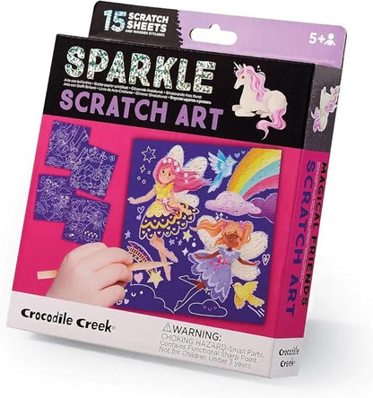 Crocodile Creek Magical Friends Sparkle Scratch Art for Kids - 16-Sheet Scratch Art Set with 10 Themed Sheets, 5 Blank Sheets, Stencil, and Stylus - Thoughtful Stocking Stuffers, Art Supplies for Kids
