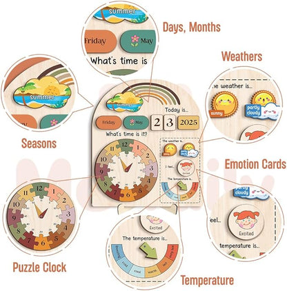 Interactive Calendar for Kids Ages 3+, Wooden Toddler Calendar, Teaching Seasons, Years, Months, Days of Week, Daily Activity Calendars for Kid Preschool & Homeschool (04 - Rainbow)
