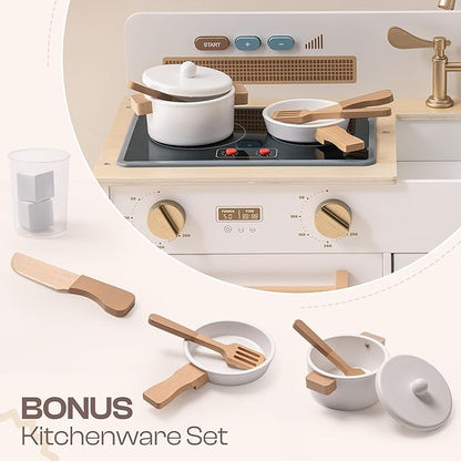 ROBOTIME Play Kitchen for Toddlers, Wooden Kids Play Kitchen Playset with Real Lights & Sounds/Ice Cube Dispenser, Pretend Play Montessori Toy Kitchen, Gift for Ages 3+