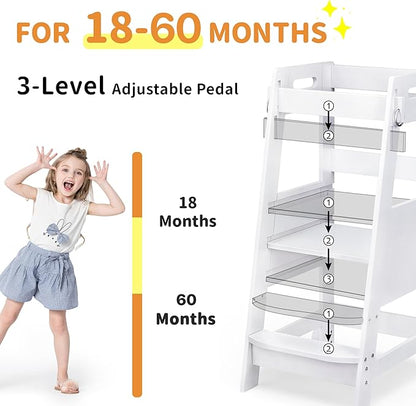 TOETOL Bamboo Toddler Kitchen Step Stool White Helper Standing Tower Height Adjustable with Anti-Slip Protection for Kids Kitchen Counter Learning