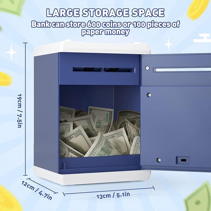 Piggy Bank for Girls Boys Large Electronic Money Coin Banks with Password Protection, Automatic Paper Money Scroll Saving Box, Great Gift for Kids(Blue-White)
