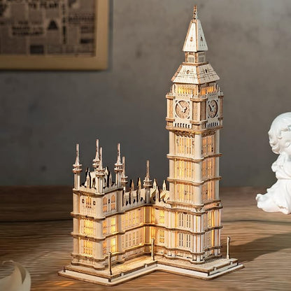 ROBOTIME 3D Puzzle for Adults Wooden Craft Kits for Teens DIY Construction Model Kit with LED Light to Build Educational Big Ben Set Toys Birthday Gifts