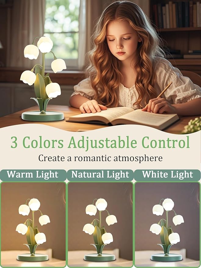 Green Flower Lamp for Home,Bedside Vintage Table Lamps,5 Lily of The Valley Reading Lights,3 Colors Modes Kawaii Bedside Lamp Decor,with G4 Bulb Nightstand Light for Living Room Office Bedroom