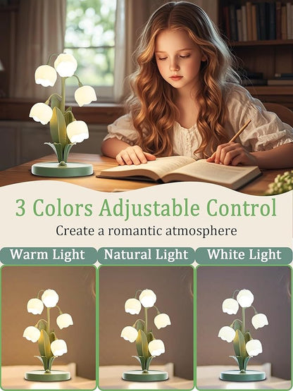 Green Flower Lamp for Home,Bedside Vintage Table Lamps,5 Lily of The Valley Reading Lights,3 Colors Modes Kawaii Bedside Lamp Decor,with G4 Bulb Nightstand Light for Living Room Office Bedroom
