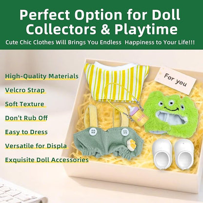 5 Piece Set -Premium Fashion Cute Clothes for 17cm Dolls,Stylish Accessaries Clothes Dress-Up,Includes—Plush Hat + Striped Top + Overalls + Bottle Charm + Shoes (Style K)