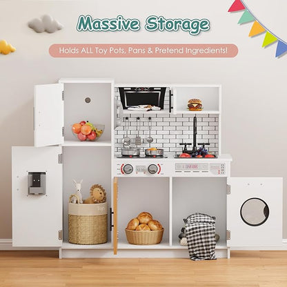 DlandHome Kids Kitchen Playset, Pretend Kitchen Playset with Real Lights & Sounds, Chef Pretend Play Set with Refrigerator, Microwave, Oven, Ideal Toy Gift for Toddlers and Kids Ages 3+
