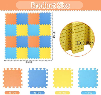 Nuanchu 60 Pcs Kids Foam Puzzle Floor Mat Bulk Solid Color Foam Play Mat with Borders Interlocking Multi Use Floor Rug for Baby Toddler Children 12 Inch (Dark Blue, Light Blue, Orange, Yellow)
