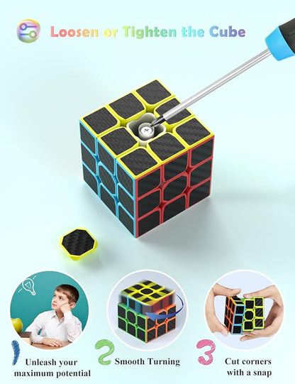 ROXENDA Speed Cube Set, Magic Cube Set of 2x2x2 3x3x3 Pyramid Cube Smooth Puzzle Cube (Carbon Fiber)