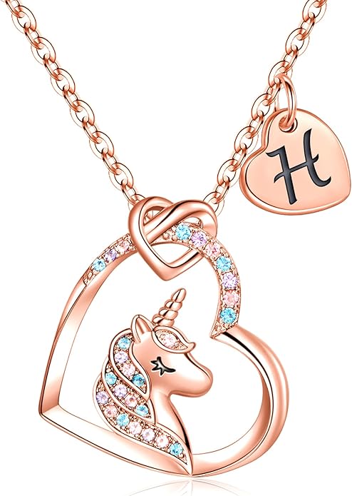 Hidepoo Unicorn Necklace Gifts for Girls - Colorful CZ Heart Pendant Initial Unicorns Necklaces for Teens Little Girls Jewelry Birthday Gift for Girl Daughter Granddaughter Niece