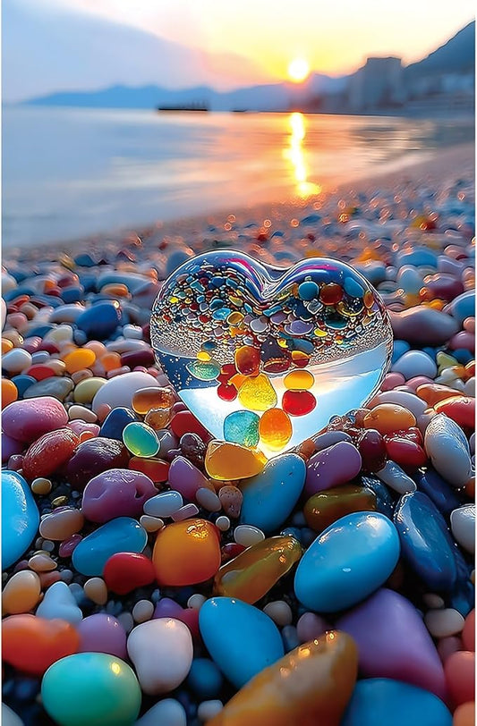 500 Piece Jigsaw Puzzle for Adults Sunset Beach Scene Colorful Heart-Shaped Pebbles ibrant Ocean View Relaxing Coastal Landscape Challenging Puzzle for Puzzle Lovers (23"x15")