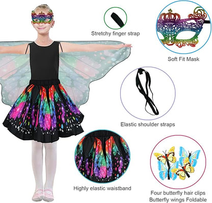 Butterfly Costume for Girls Fairy Wings Kids 4 Pcs(Cape,Skirts,Masks,Hair Clips) Butterfly Wings for Halloween Gifts