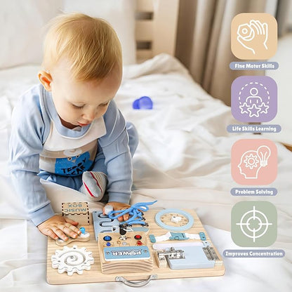 Joyreal Montessori Busy Board with LED Lights, Autism Sensory Travel Toys, Fidget Board Ideal Gift for Boys Girls Wooden Toddler Toys