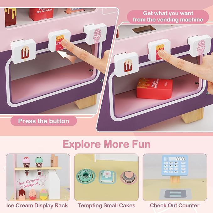 Costzon Ice Cream Cart, Wooden Grocery Store w/Vending Machine, Play Food, Display Rack & Shelves, Swivel Wheels, Push Handle, Ice Cream Truck, Market Stand Pretend Playset for Kids Ages 3+ (Pink)