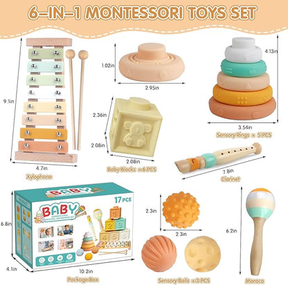 Montessori Toys for 6 Month Old 1+ Year Old 6 in 1 Musical Instruments for Toddler Stacking Blocks Development Learning Educational Toy with Wooden Xylophone for 6 7 8 9 Months Baby Birthday Gift