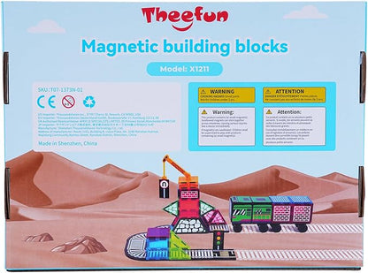 Theefun 70pcs Magnetic Tiles Road Set with Crane & 2 Cars Magnetic Blocks Double Side City STEM Construction Toy Gifts for Kids 3+ Years Old, Include 56 Magnetic Blocks, 13 Magnet Toppers, 1 Bag