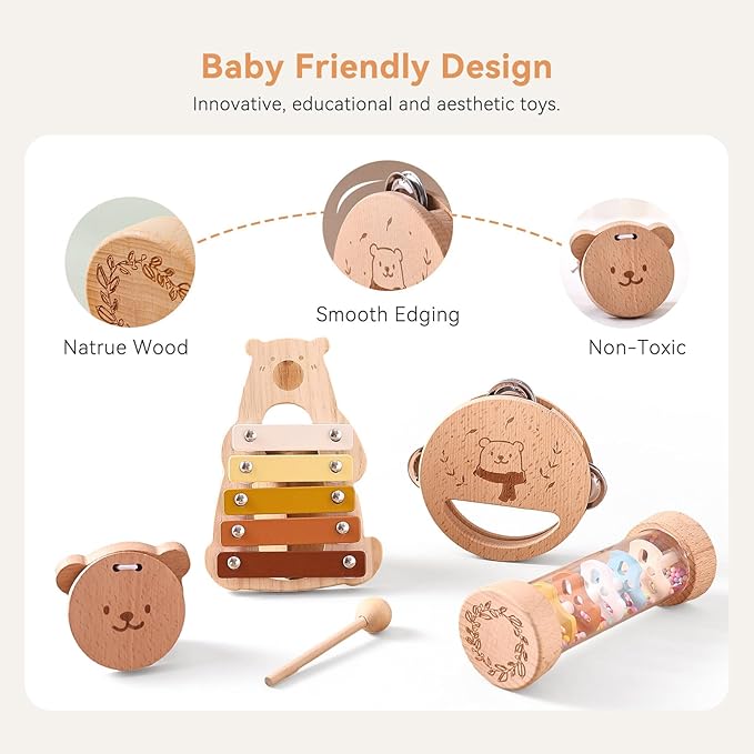 Baby Musical Instruments - Your Child's First Musical Toys with Castanet Rainmaker Tambourine Xylophone - Baby Friendly Design Wooden Instruments Set Grow with Your Boys and Girls