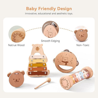 Baby Musical Instruments - Your Child's First Musical Toys with Castanet Rainmaker Tambourine Xylophone - Baby Friendly Design Wooden Instruments Set Grow with Your Boys and Girls