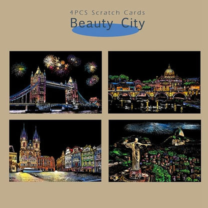Georgie Porgy Scratch Paper Art A4 Set for Kids Adults Magic Rainbow Scratch Postcards Boards for DIY Arts and Crafts Kits Christmas Birthday Gift with Scratching Tools Kit (Beauty+Fireworks City)