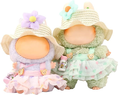 17cm Doll Clothes | Fashion Kawaii Chic Summer Set for Dolls | 4-Piece Outfit with Straw Weave Sun Hat, Floral Decor, Green Floral Dress & Mini Water Kettle (NO Doll)