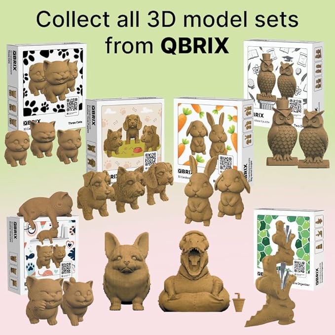 QBRIX 3 Cats 3D Puzzle for Adults, DIY Craft Kit for Home Decor, 3D Model Kit for Teens, Creative Gift for Boys & Girls 14+, Cardboard Model Building Kit