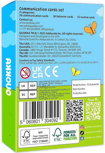 QUOKKA Autism Learning Materials - Communication Cards for Kids - 94 Visual Flashcards with 3 Rings & Clip