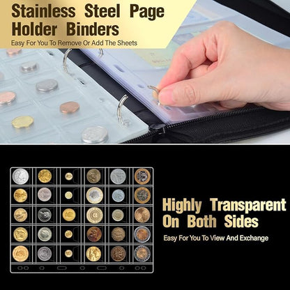 Coin Collection Book- 300 Coins Pockets+30 Bills Pockets, Coin Collection Supplies Holder for Collectors, Coin Album Binder Storage Box Case for Money Currency