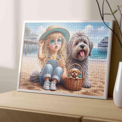 Tucocoo 1000 Piece Jigsaw Puzzle for Adults, Beach Scene with Girl, Dogs and Basket – Summer Coastal Puzzle – Whimsical and Relaxing Art Puzzles for Adults, DIY Fun Brain Challenge Gift Home Decor