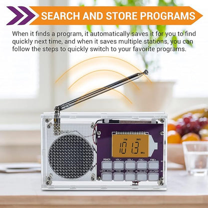 ICSTATION DIY Radio Kit - FM Assemble Kit with Time Display, Rechargeable, 87-108MHZ, No Soldering Required, Assembly Project for Adults & Students, STEM Education