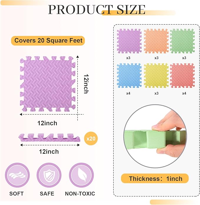 20 Tiles 12x12x1 Inch EVA Thick Interlocking Foam Floor Tiles Puzzle Exercise Mat Foam Mats for Pets Boys Girls Classroom Nursery Gym(Colorful)