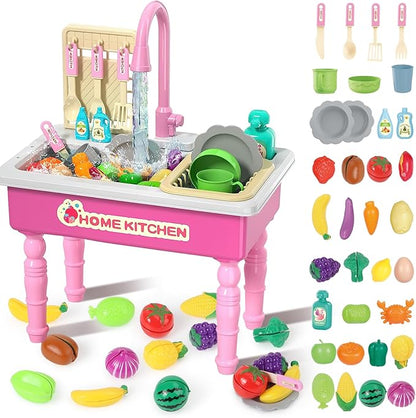 deAO Kitchen Toy Sink Toys with Cutting Food,Electric Dishwasher Playing Toy with Running Water, Role Playing Game Pretend Food,44 PCS Kitchen Accessories Set for 3 4 5 Years Old Girls Boys