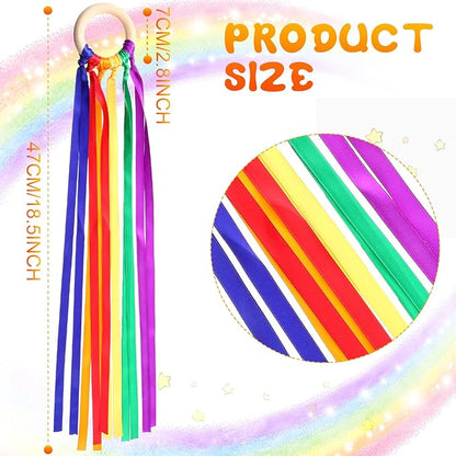 Junkin Ribbon Rings Hand Kite Waldorf Toys Dancing Wrist Ribbons Rainbow Streamers with Wood Ring Educational Toy for Playroom Dancing Birthday Party Gift(Rainbow,48 Pcs)