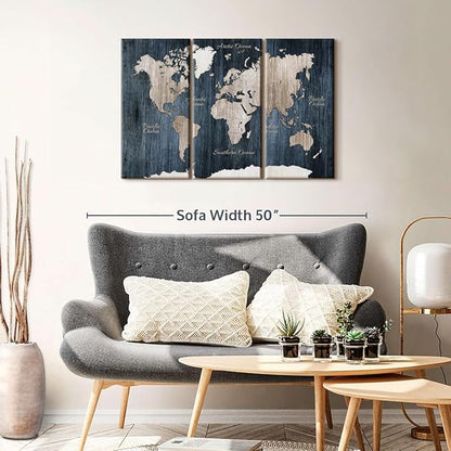 ElephantStock Aged Blue World Map I Canvas - 3 Panel Wall Decor - World Map Digital Art - Blue Wall Art - 38" X 24"
