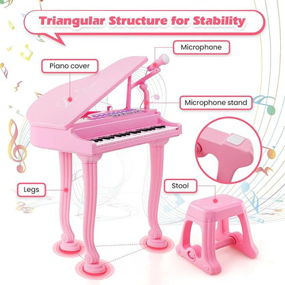 HONEY JOY Classical Kids Mini Grand Piano, 37-Key Electronic Piano with Music Stand & Stool, Portable Musical Instrument Toy for Kids (Pink, 37 Keys)