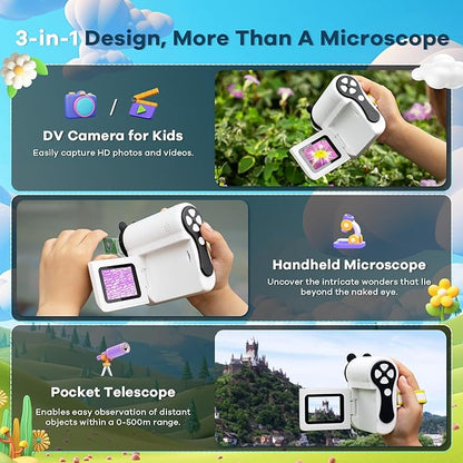 HP60 IPS Microscope for Kids: [Auto On & Off] [3-in-1] 2" Portable Handheld Microscope Miniscope, Pocket Mini Scope Educational Science Kit, Christmas Birthday Gifts for Kids, PC View, White