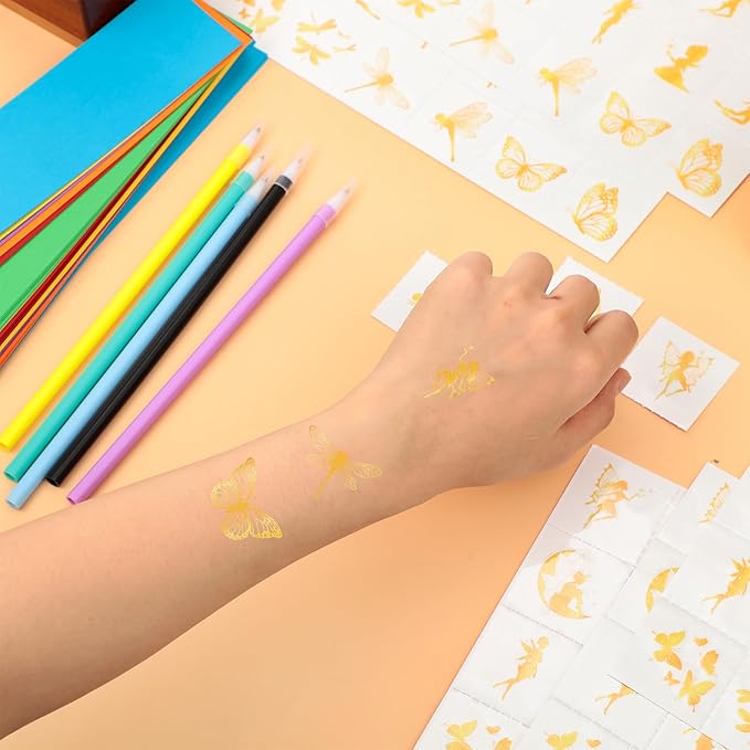 Landhoow 240 Pcs Fairy Foil Tattoos Temporary for Kids Glitter Face Tattoos Cool Body Sticker Costume Accessory for Adults Boys Girls Party Favor