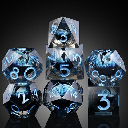 DNDND Dragon Eye Blue Resin Dice Set with Gorgeous Gift Case for Tabletop RPG Games