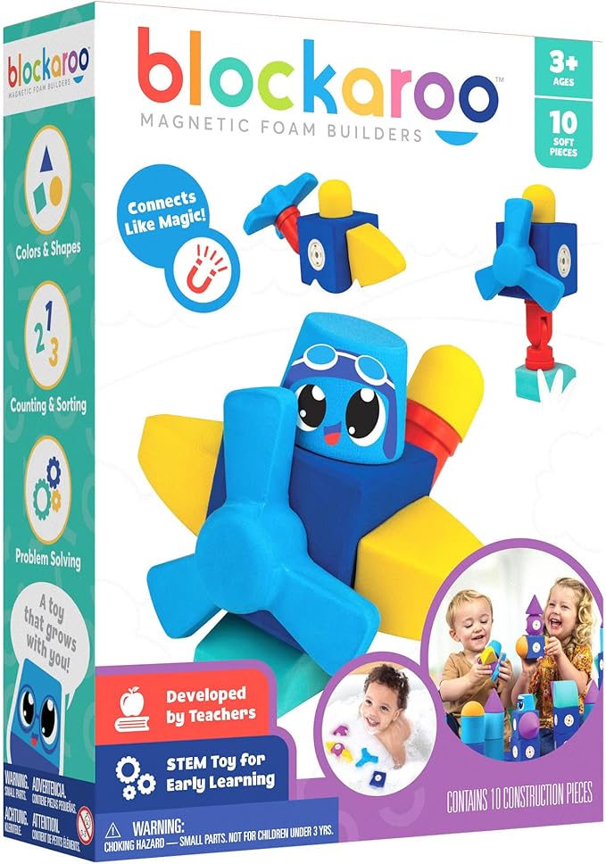 Blockaroo Magnetic Foam Building Blocks - 10-Piece Airplane, Bath Toys for Toddlers, Preschool Toys, Bathtub Toys, Sensory Toys, Blocks for Toddlers 3-5, Engineering Toys for Kids 3-5, Bath Blocks