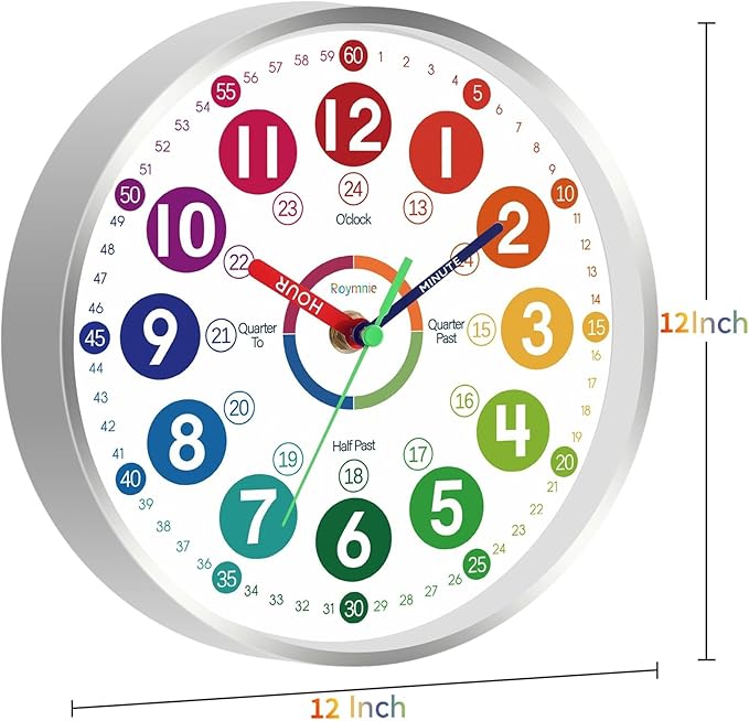 Wall Clock for Kids Learning - Teaching Time Wall Clocks Battery Operated Silent Non Ticking - Analog Colorful Clock Decorative for Kids Room Classroom School(12 Inch&Silver)