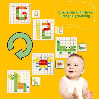 Mosaic Shape Wooden Pattern Blocks Puzzle, 120 PCS Wooden Pattern Blocks with 20 Pcs Design Cards,Kindergarten Classic Educational Geometric Shape Puzzle Toys for Kids Ages 4-8
