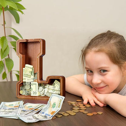 Summidate Customized Name Extra Large Wooden Piggy Bank for Kids Boys Girls Alphabets Letter A-Z Coins Bills Money Change Saving Box Clear Cover (Laser Engraved) Educational Toys 12"- Letter L