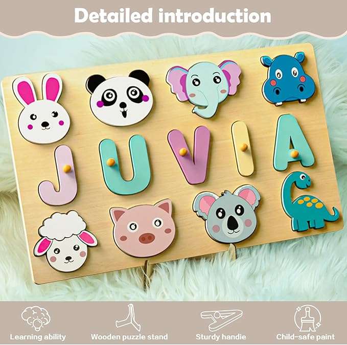 Personalized Name Puzzle for Toddlers - Custom Wooden Jigsaw Puzzles with Animals, Montessori Learning Toys, Baby Birthday Gift for 1, 2, 3 Year Old Boy or Girl (Name Puzzle-01)