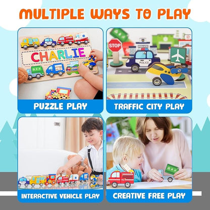 Personalized Wooden Name Puzzle for Toddlers 1-5 - Montessori Wooden Vehicle Sensory Toy, Custom Educational Gift for 2 Year Old, Cars & Trucks Toy for Toddlers, Ideal for Birthdays