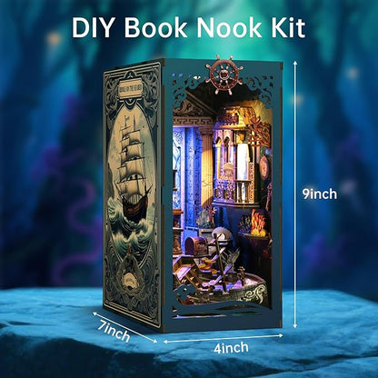 Book Nook Kit - DIY Enchanted Cottage Miniature House for Adults & Teens, 3D Wooden Puzzle Booknook with LED Lights, Bookshelf Insert Decor & Creative Model Building（Riddle On The Sea Floor）