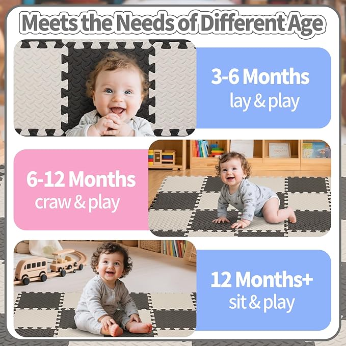 Foam Play Mat, 0.4 Inch EVA Soft Non-Toxic Baby Playmat, Interlocking Floor Mats, Solid Colored Foam Puzzled Floor Mats, Baby Play Mat Exercise Mats, 16 Tiles(White/Black)