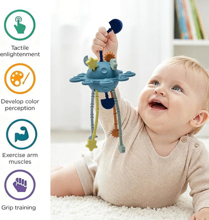 Silicone Baby Sensory Montessori Toys & Pull String Teething Toys for 6-12-18 Months, Toddler Birthday Gift Car Seat Airplane Travel for 1 2 Year Old Boy Girl Infant 8 9 10 Months Old (Blue)