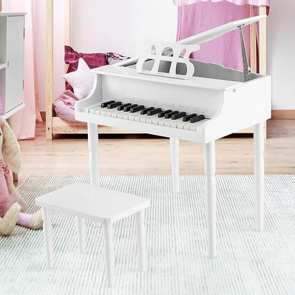 Goplus 30-Key Classical Kids Piano, Mini Grand Piano Wooden Learn-to-Play Musical Instrument Toy with Bench, Piano Lid, Music Rack, Gift for Boys Girls Aged 2+ Baby Toddler(4 Straight Leg-White)