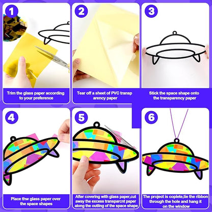 32 Sets Outer Space Suncatchers Craft Kit DIY Window Stained Glass Effect Planet Astronaut Alien Paper Crafts Home School Classroom Decoration Kid Birthday Gift Creative Art Project Activity Game