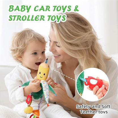 Jollybaby Baby Rattles Hanging Toys for Car Seat Crib Stroller Gym, Montessori Sensory Plush Vegetable Toys for Baby 0-3-6-12 Months with Ring Bell Crinkle and Teether, Newborn Baby Shower Gifts